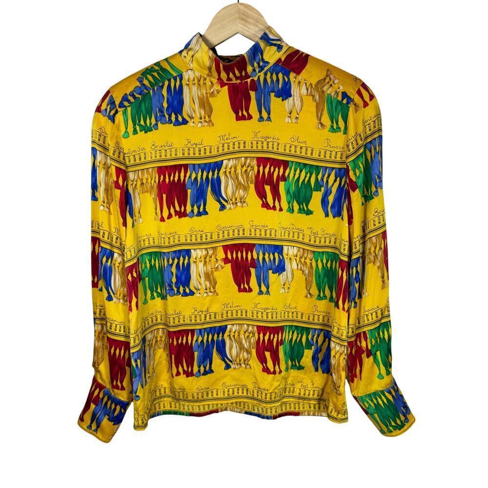 Vintage Carlisle 100% Silk Mock Neck Long Sleeve Blouse Funky 80s Retro Dopamine
